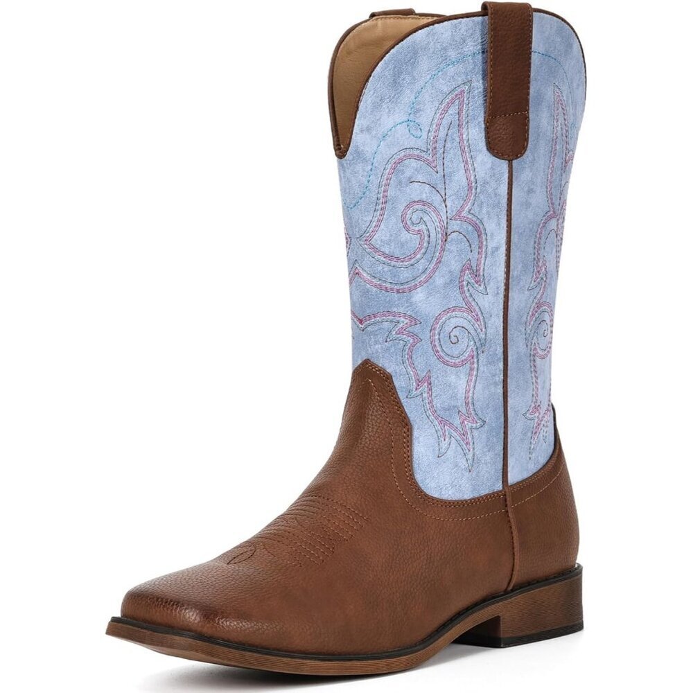Women Light Blue Square Toe Western Mid Calf Embroidered Cowgirl Pull On Boots
